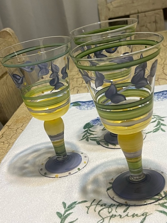 KMart Other - Hand-Painted Green & Yellow Floral Glass Goblets - Set of 3